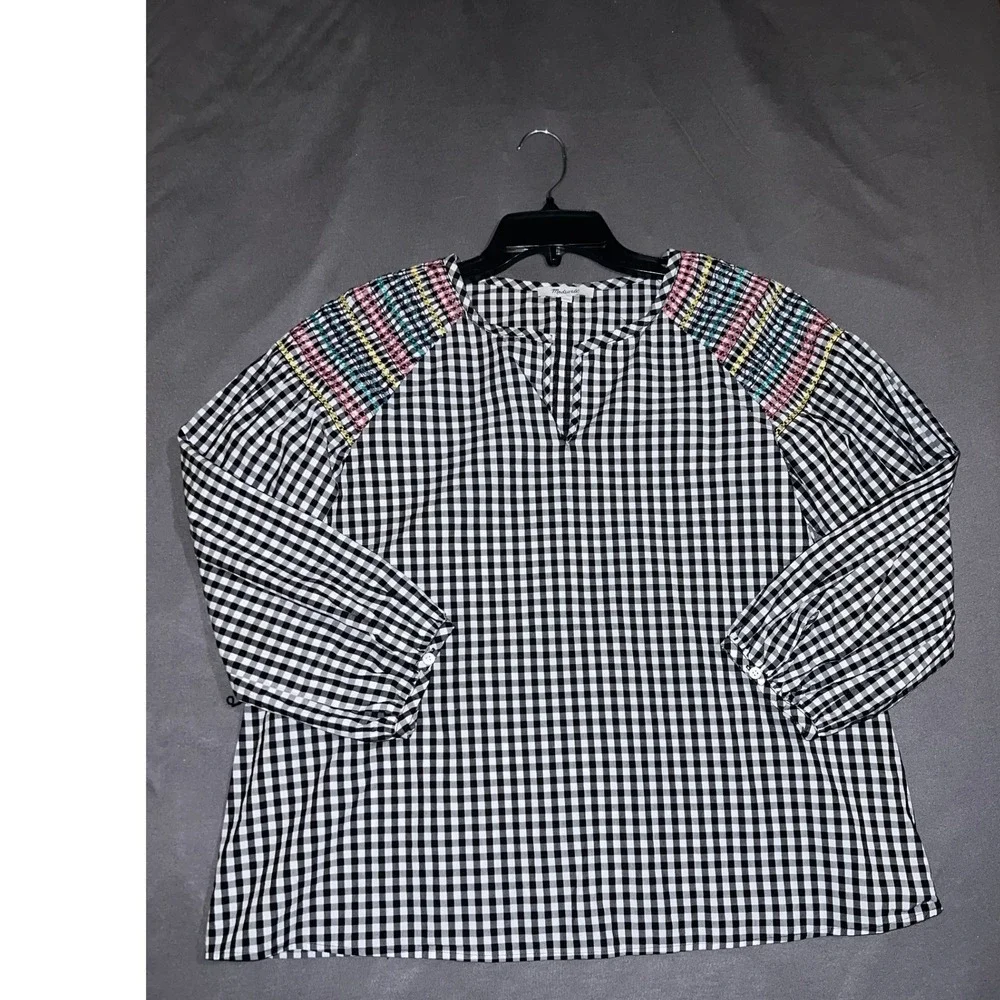 Madewell Gingham Embroidered Slit Neck Peasant Blouse Women's Size S Black White